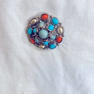 Priemer Design Pin and Pendant. Faux turquoise, coral brooch, silver tone Aztec.